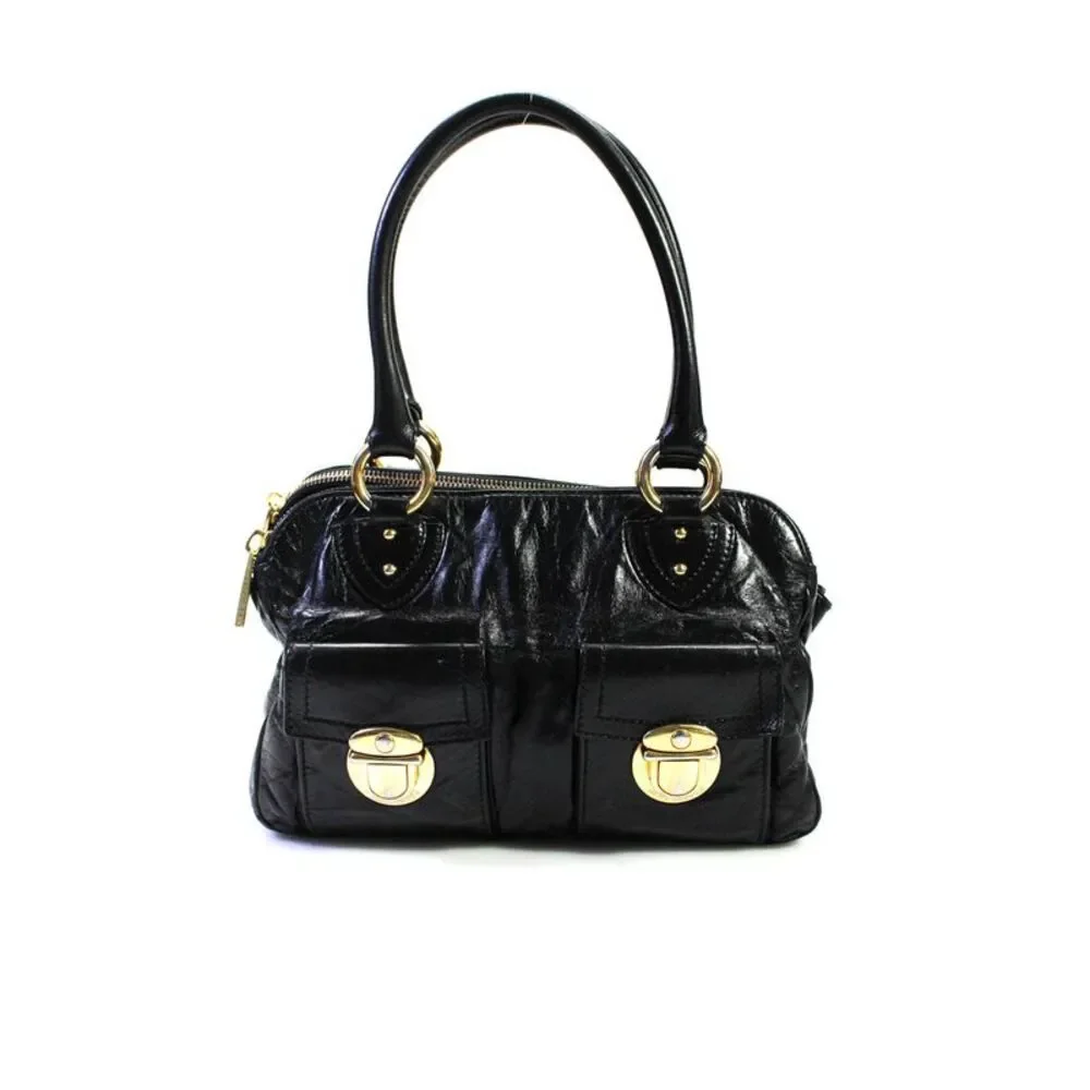 Marc Jacobs Womens Leather Gold Tone Satchel Shoulder Handbag Black